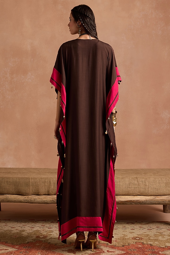 Brown Muslin Applique Patchwork Kaftan by Sureena Chowdhri at Pernia's Pop Up Shop
