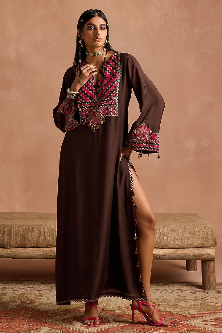 Brown Muslin Applique Patchwork Kaftan by Sureena Chowdhri at Pernia's Pop Up Shop