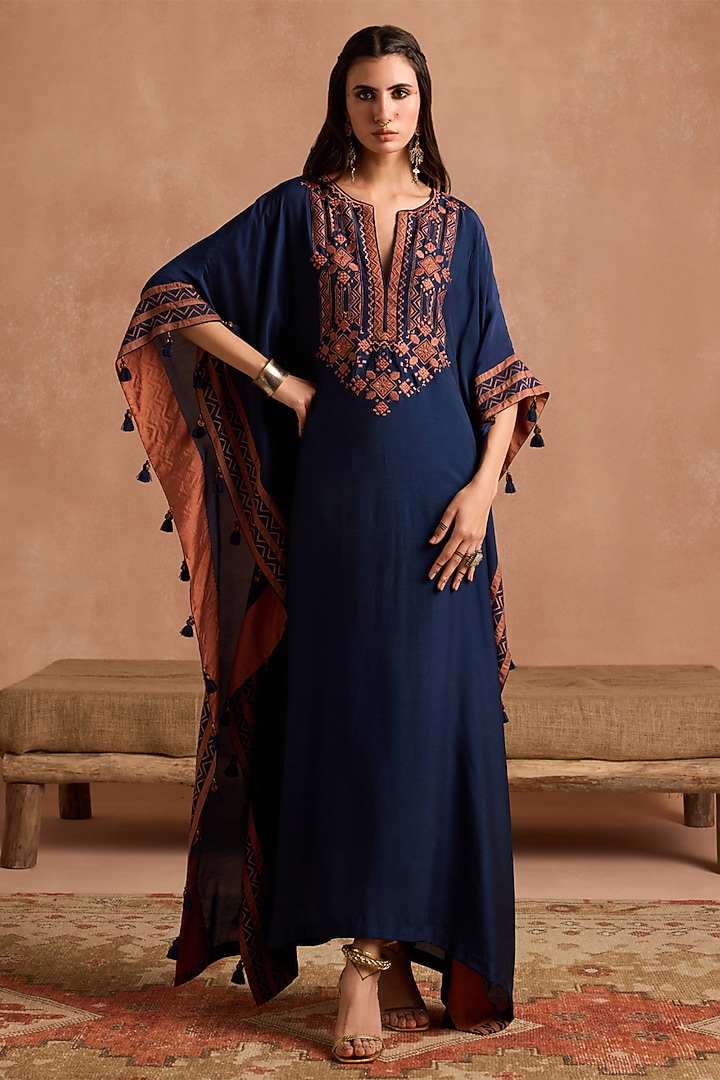 Navy Blue Muslin Applique Patchwork Kaftan by Sureena Chowdhri at Pernia's Pop Up Shop