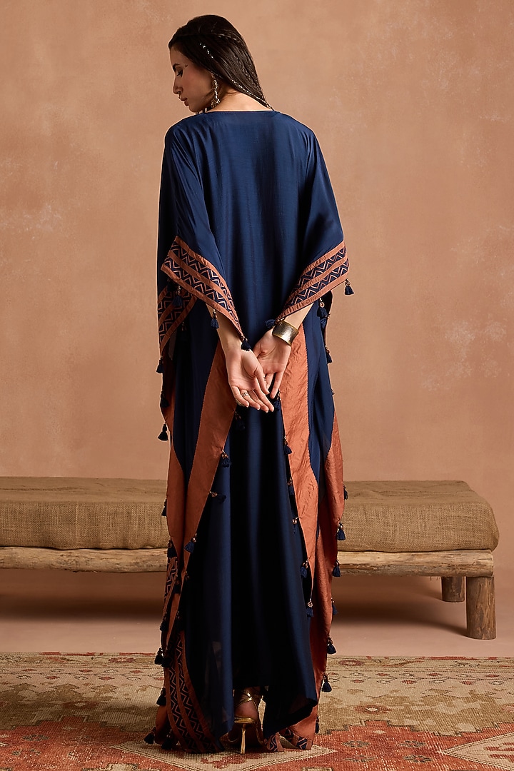Navy Blue Muslin Applique Patchwork Kaftan by Sureena Chowdhri at Pernia's Pop Up Shop