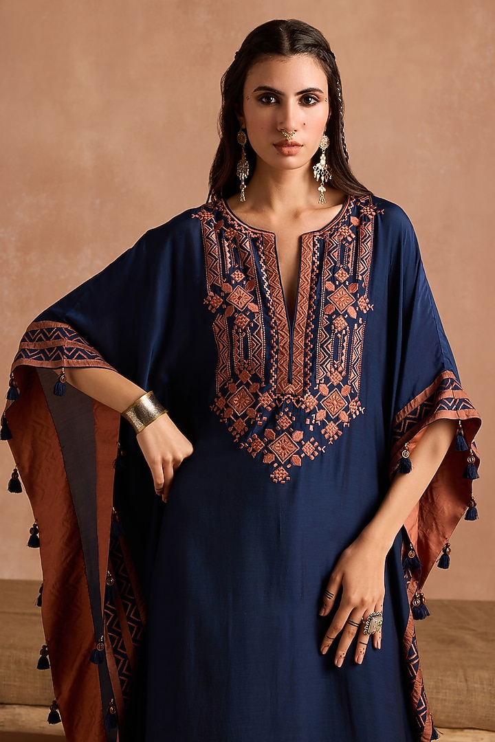 Navy Blue Muslin Applique Patchwork Kaftan by Sureena Chowdhri at Pernia's Pop Up Shop