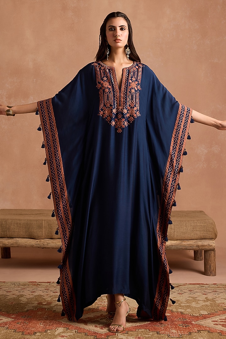 Navy Blue Muslin Applique Patchwork Kaftan by Sureena Chowdhri at Pernia's Pop Up Shop