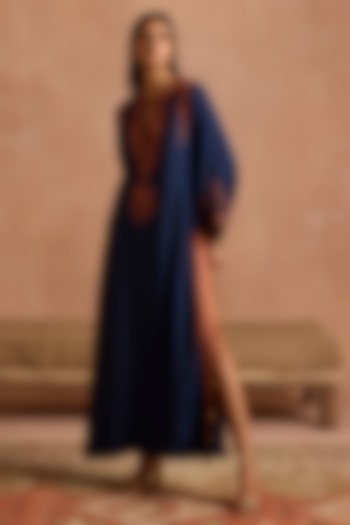 Navy Blue Muslin Thread Embroidered Kaftan by Sureena Chowdhri at Pernia's Pop Up Shop