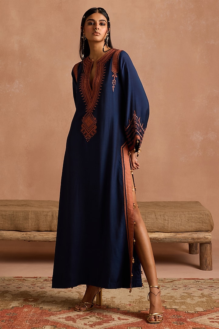 Navy Blue Muslin Thread Embroidered Kaftan by Sureena Chowdhri at Pernia's Pop Up Shop