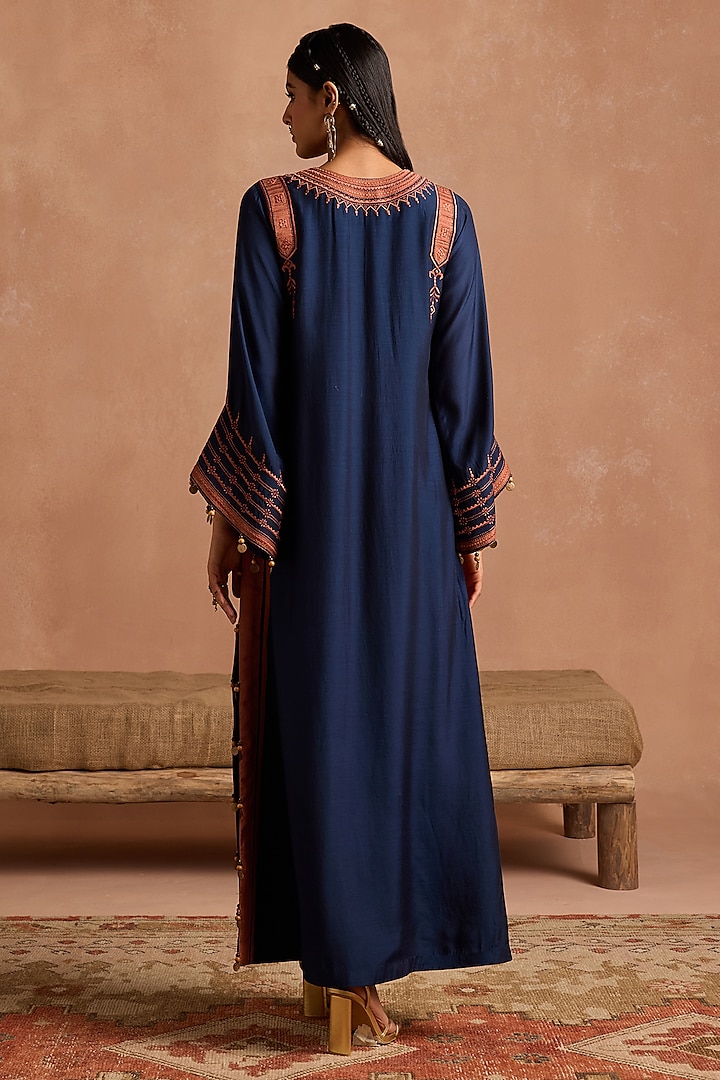 Navy Blue Muslin Thread Embroidered Kaftan by Sureena Chowdhri at Pernia's Pop Up Shop