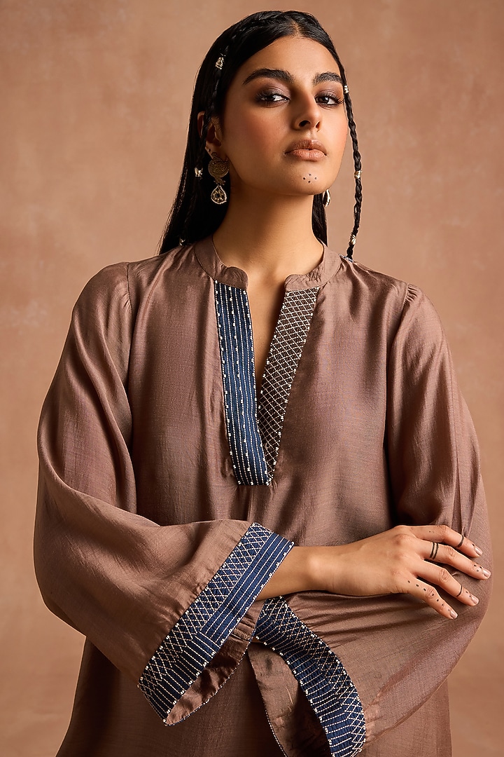 Coffee Brown Muslin Threadwork Co-Ord Set by Sureena Chowdhri at Pernia's Pop Up Shop