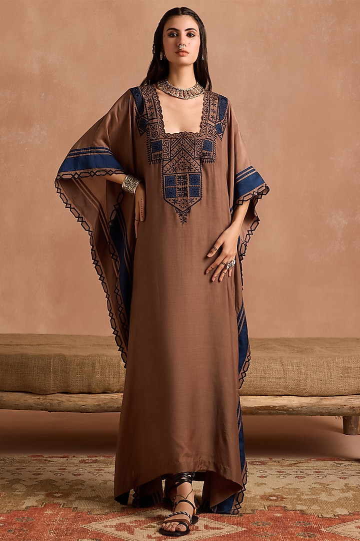 Coffee Brown Muslin Thread Embroidered Kaftan by Sureena Chowdhri at Pernia's Pop Up Shop