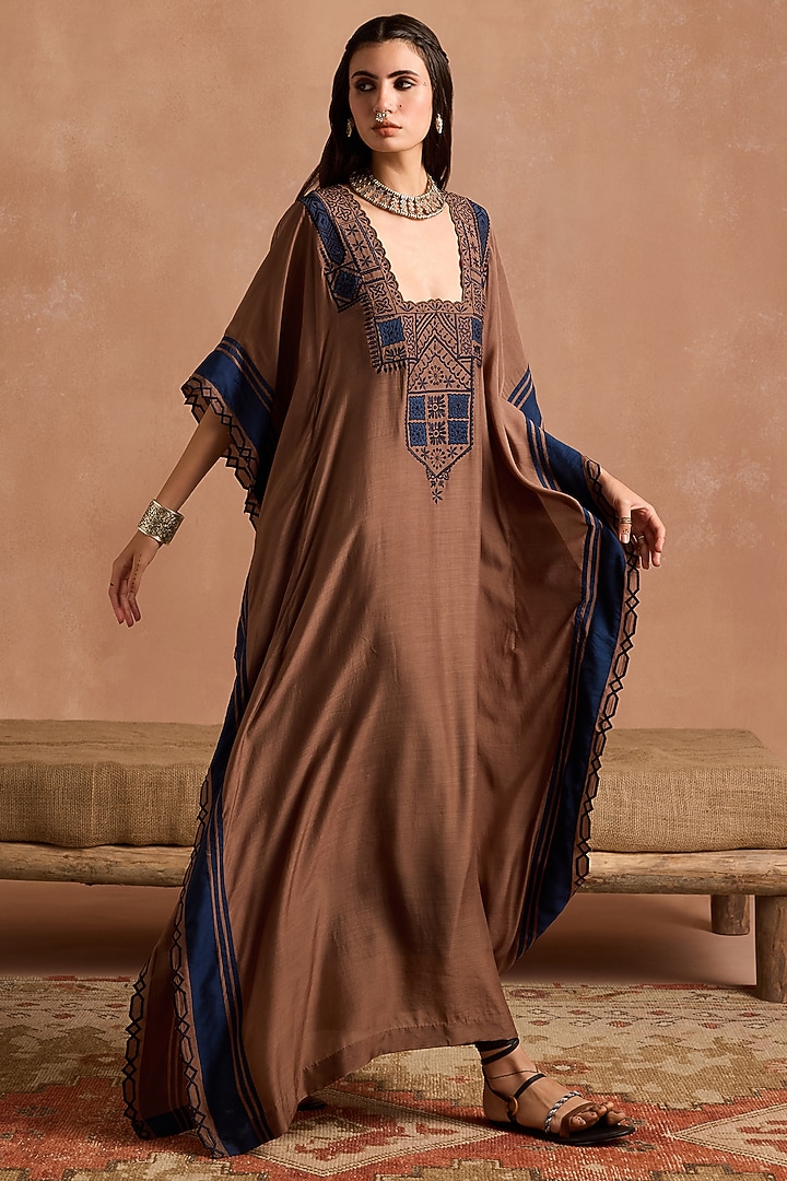Coffee Brown Muslin Thread Embroidered Kaftan by Sureena Chowdhri at Pernia's Pop Up Shop