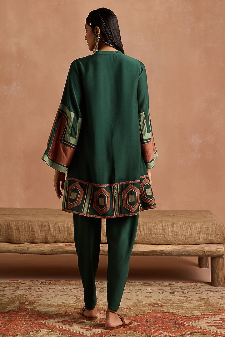 Bottle Green Muslin Applique Patchwork Peplum Kurta Set by Sureena Chowdhri at Pernia's Pop Up Shop