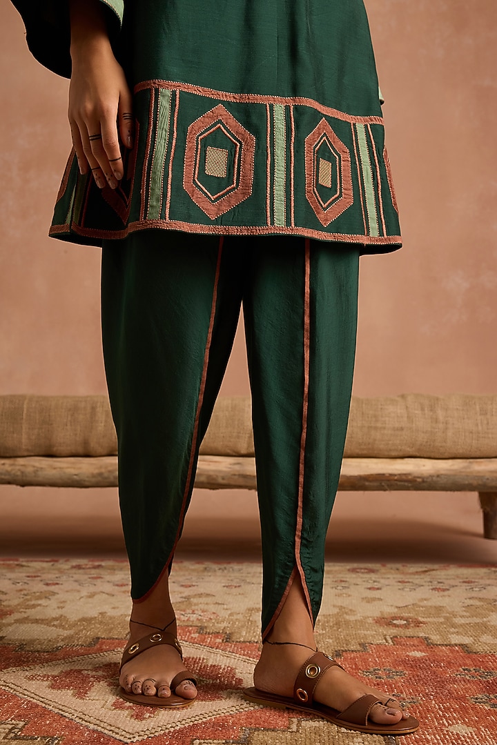 Bottle Green Muslin Applique Patchwork Peplum Kurta Set by Sureena Chowdhri at Pernia's Pop Up Shop