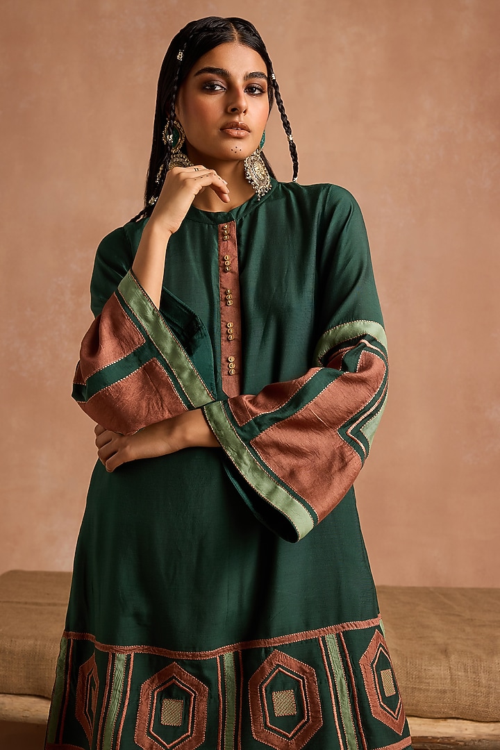Bottle Green Muslin Applique Patchwork Peplum Kurta Set by Sureena Chowdhri at Pernia's Pop Up Shop
