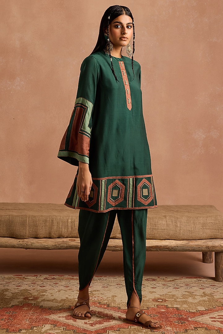 Bottle Green Muslin Applique Patchwork Peplum Kurta Set by Sureena Chowdhri at Pernia's Pop Up Shop