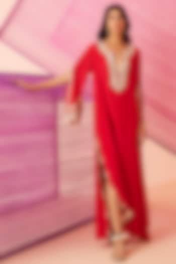 Red Muslin Embroidered Kaftan by Sureena Chowdhri at Pernia's Pop Up Shop