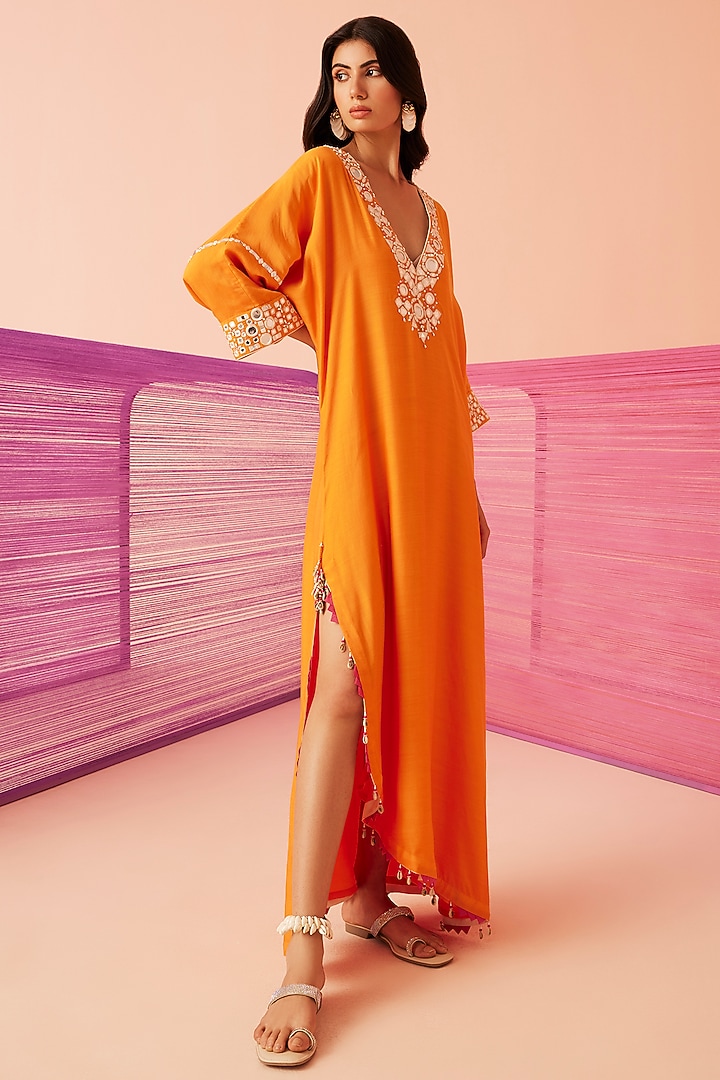 Orange Muslin Embroidered Kaftan by Sureena Chowdhri at Pernia's Pop Up Shop