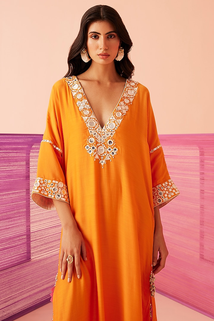 Orange Muslin Embroidered Kaftan by Sureena Chowdhri at Pernia's Pop Up Shop