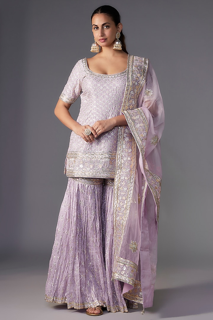 Lilac Silk Chanderi Embroidered Wedding Sharara Set by Sureena Chowdhri at Pernia's Pop Up Shop