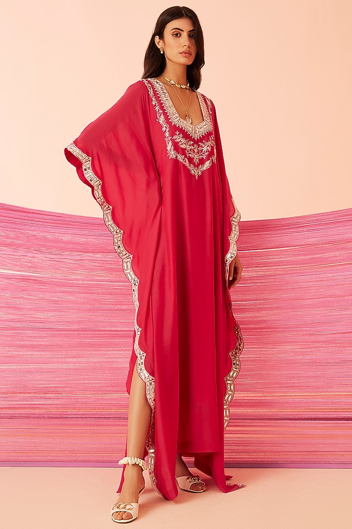 Crimson Magenta Muslin Embroidered Kaftan by Sureena Chowdhri at Pernia's Pop Up Shop