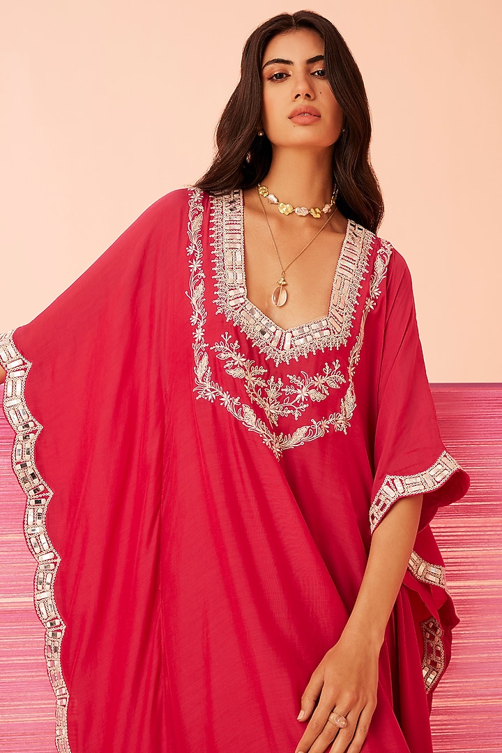Crimson Magenta Muslin Embroidered Kaftan by Sureena Chowdhri at Pernia's Pop Up Shop