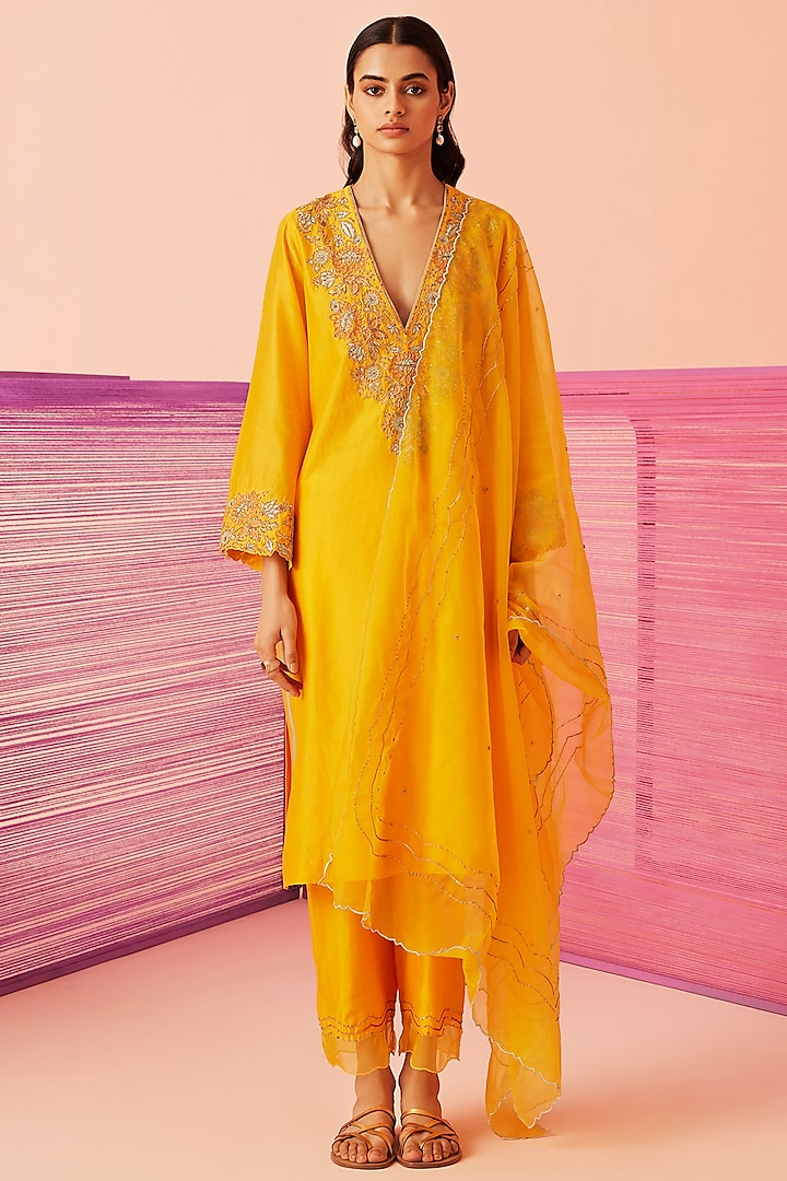 Dark Yellow Silk Chanderi Embroidered Kurta Set by Sureena Chowdhri