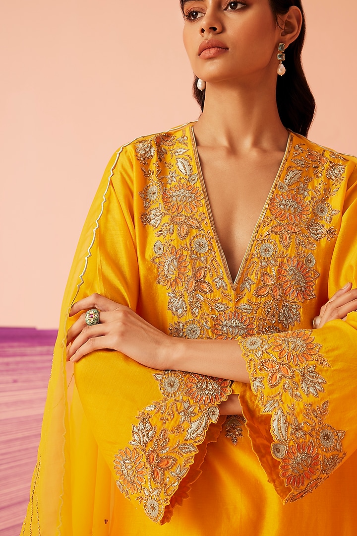 Dark Yellow Silk Chanderi Embroidered Kurta Set by Sureena Chowdhri at Pernia's Pop Up Shop