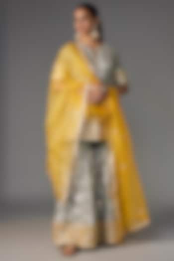 Sea Green & Yellow Silk Chanderi Gota Embroidered Wedding Sharara Set by Sureena Chowdhri at Pernia's Pop Up Shop