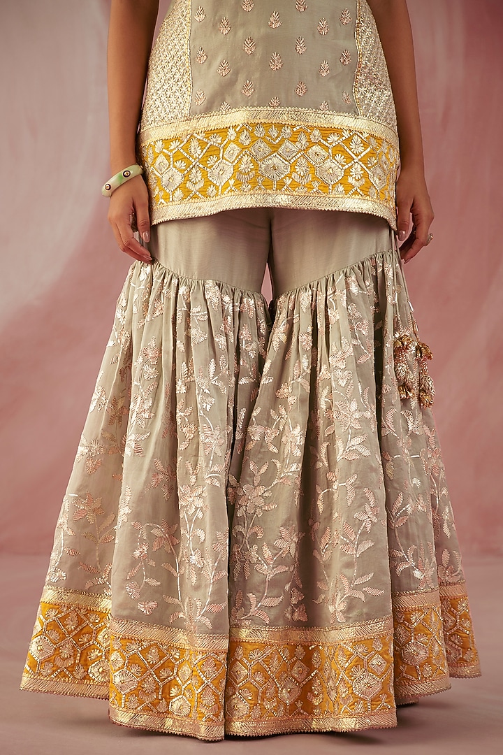 Sea Green & Yellow Silk Chanderi Gota Embroidered Wedding Sharara Set by Sureena Chowdhri at Pernia's Pop Up Shop