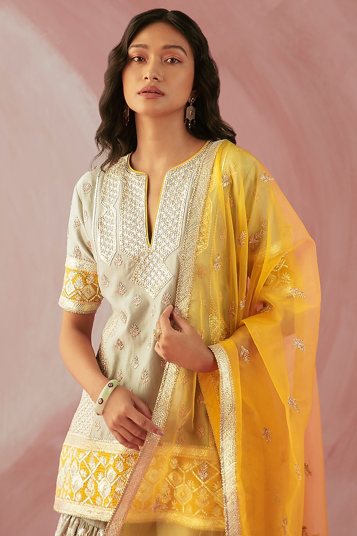 Sea Green & Yellow Silk Chanderi Gota Embroidered Wedding Sharara Set by Sureena Chowdhri at Pernia's Pop Up Shop