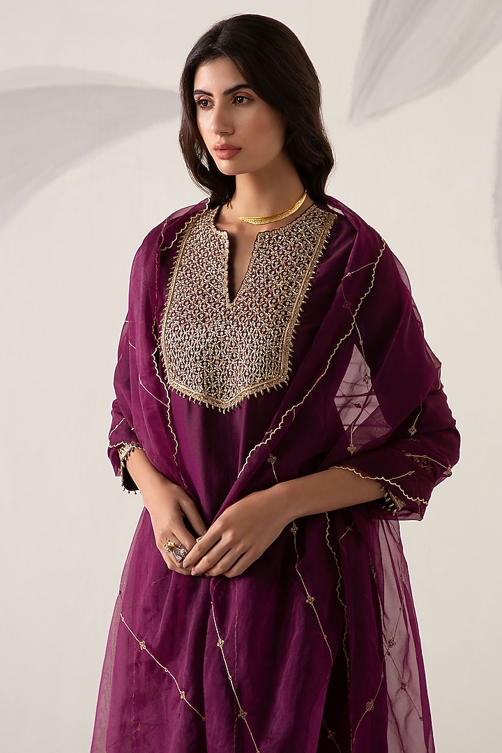 Wine Silk Chanderi & Organza Embroidered Kurta Set by Sureena Chowdhri at Pernia's Pop Up Shop