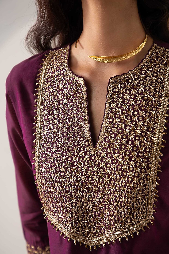 Wine Silk Chanderi & Organza Embroidered Kurta Set by Sureena Chowdhri at Pernia's Pop Up Shop