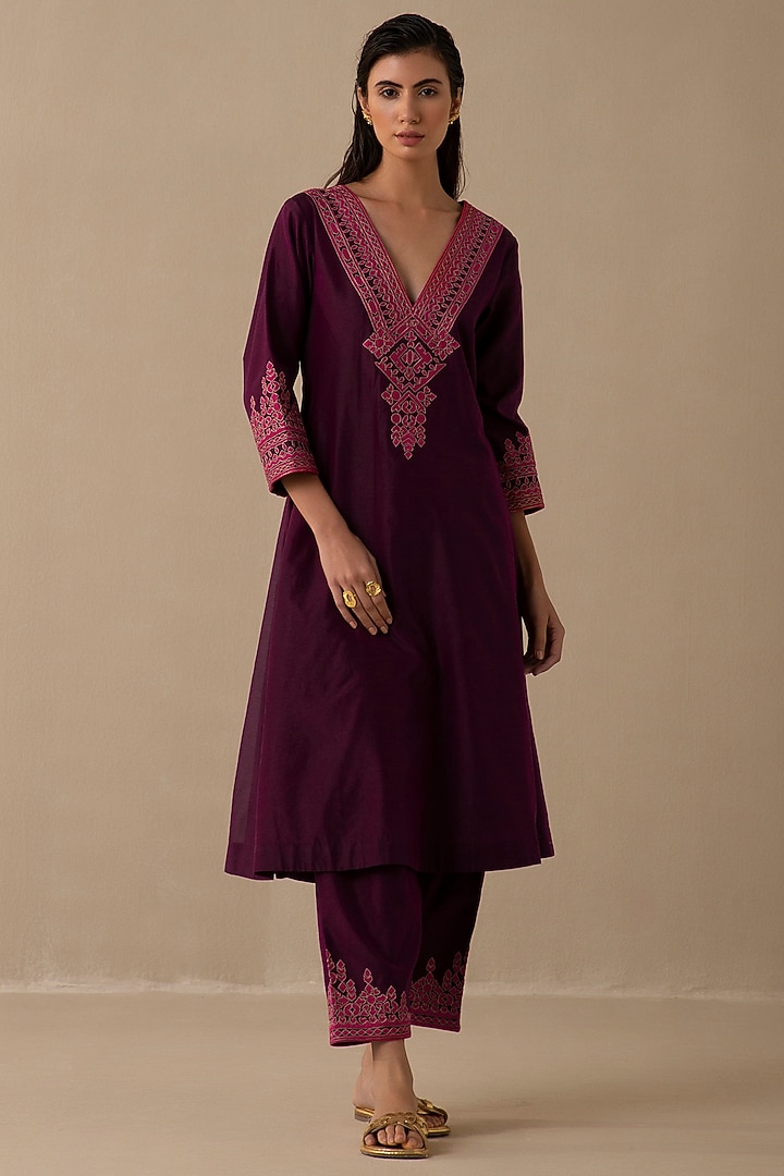 Wine Silk Chanderi A-Line Kurta Set by Sureena Chowdhri at Pernia's Pop Up Shop