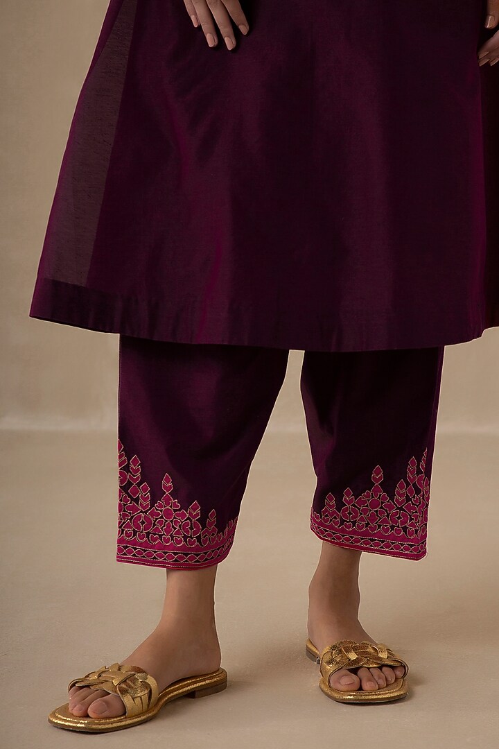Wine Silk Chanderi A-Line Kurta Set by Sureena Chowdhri at Pernia's Pop Up Shop