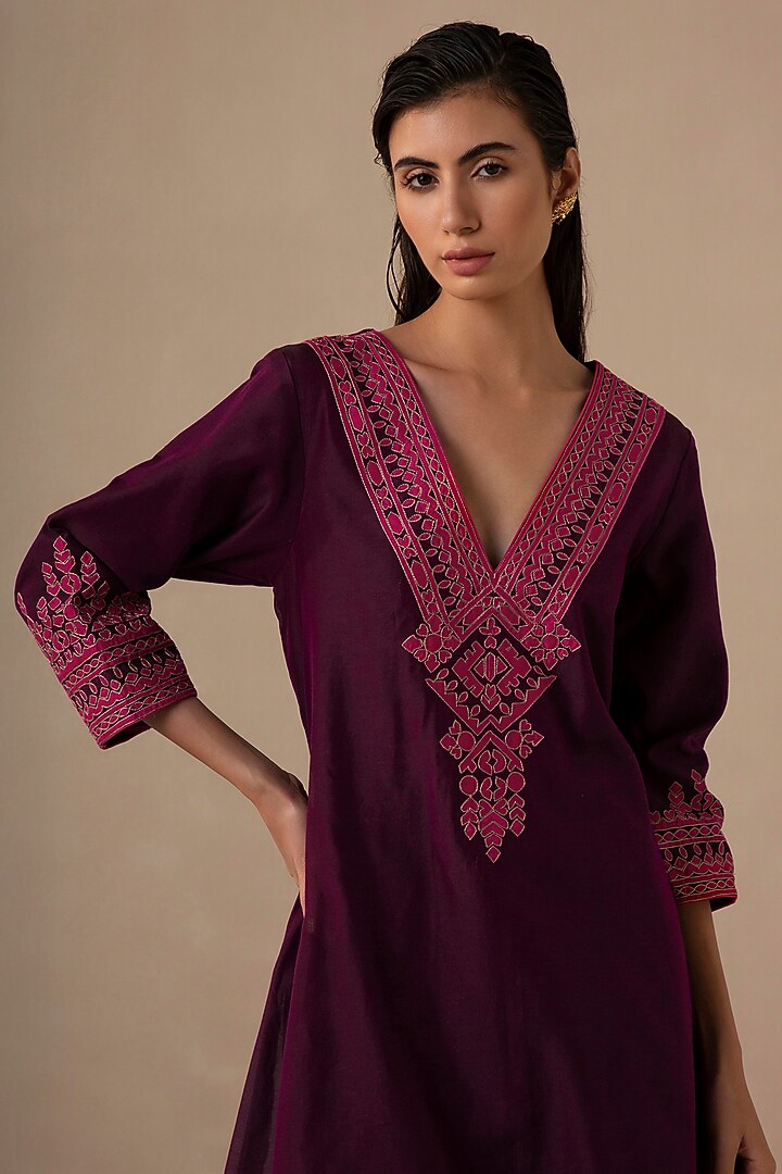 Wine Silk Chanderi A-Line Kurta Set by Sureena Chowdhri at Pernia's Pop Up Shop