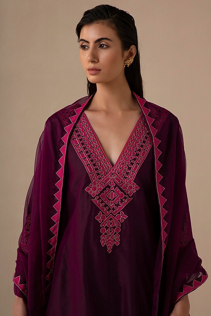 Wine Silk Chanderi A-Line Kurta Set by Sureena Chowdhri at Pernia's Pop Up Shop