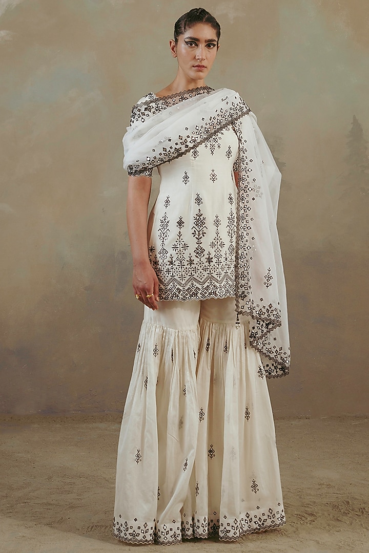 Ivory Silk Chanderi Embroidered Gharara Set by Sureena Chowdhri at Pernia's Pop Up Shop