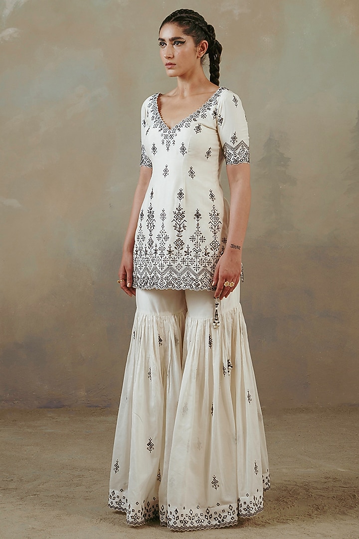 Ivory Silk Chanderi Embroidered Gharara Set by Sureena Chowdhri at Pernia's Pop Up Shop