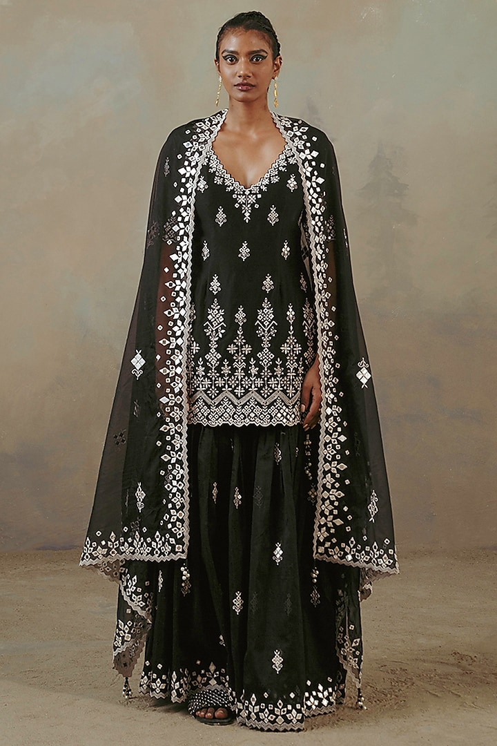 Ebony Silk Chanderi Embroidered Gharara Set by Sureena Chowdhri at Pernia's Pop Up Shop