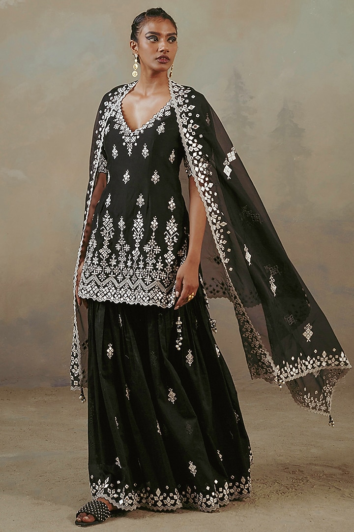 Ebony Silk Chanderi Embroidered Gharara Set by Sureena Chowdhri at Pernia's Pop Up Shop