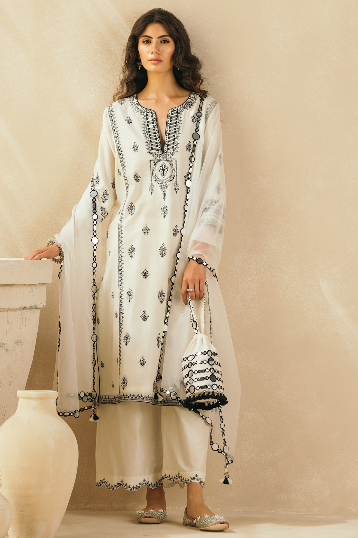 Ivory Silk Chanderi Embroidered Kalidar Kurta Set by Sureena Chowdhri ...