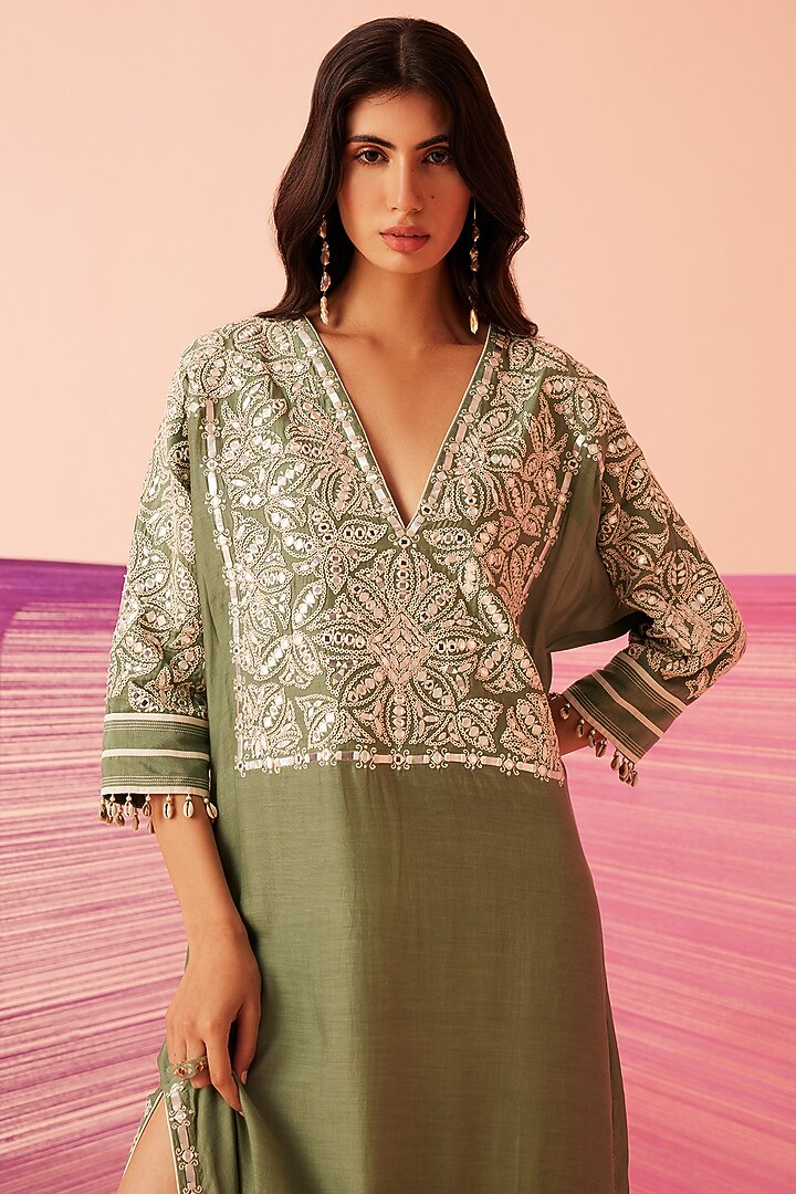 Forest Green Muslin Embroidered Kaftan by Sureena Chowdhri at Pernia's Pop Up Shop