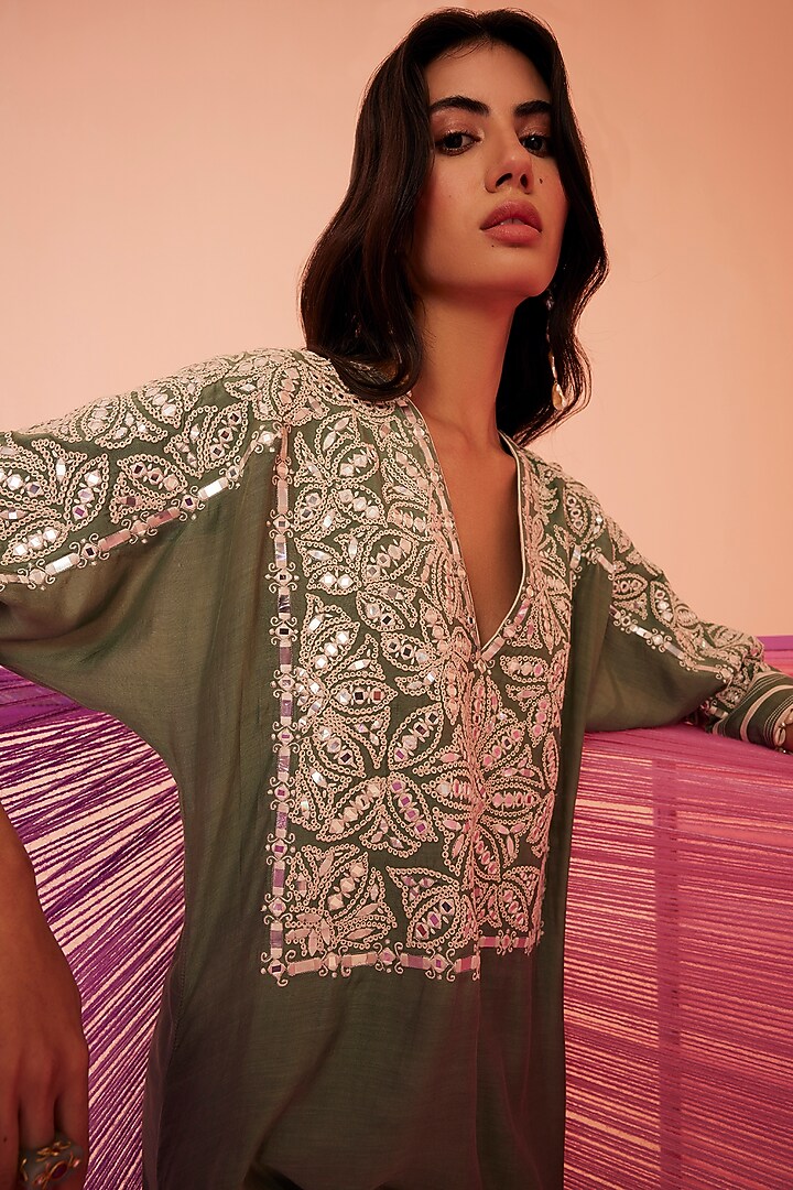 Forest Green Muslin Embroidered Kaftan by Sureena Chowdhri at Pernia's Pop Up Shop