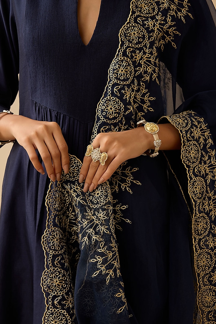 Navy Blue Silk Chanderi Zari Embroidered Kurta Set by Sureena Chowdhri at Pernia's Pop Up Shop
