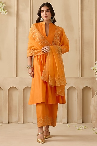 Orange Silk Chanderi Zari Embroidered Kurta Set by Sureena Chowdhri