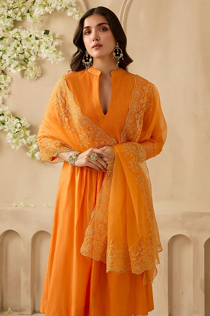 Orange Silk Chanderi Zari Embroidered Kurta Set by Sureena Chowdhri at Pernia's Pop Up Shop