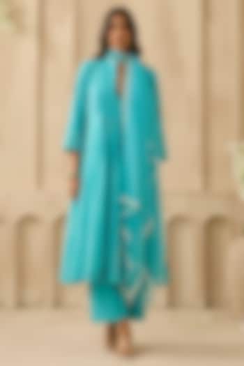 Firozi Silk Chanderi Pearl Embroidered Kurta Set by Sureena Chowdhri at Pernia's Pop Up Shop