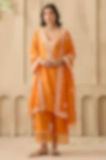 Orange Silk Chanderi Pearl & Sequin Embroidered Asymmetric Kurta Set by Sureena Chowdhri at Pernia's Pop Up Shop