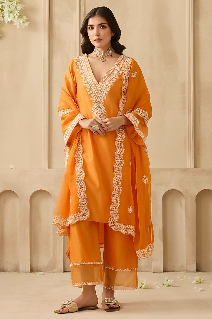 Orange Silk Chanderi Pearl & Sequin Embroidered Asymmetric Kurta Set by Sureena Chowdhri at Pernia's Pop Up Shop