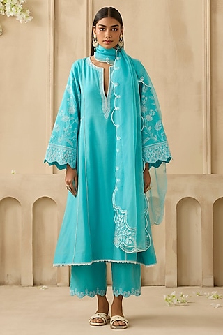 Firozi Silk Chanderi Floral & Thread Work A-Line Kurta Set by Sureena Chowdhri