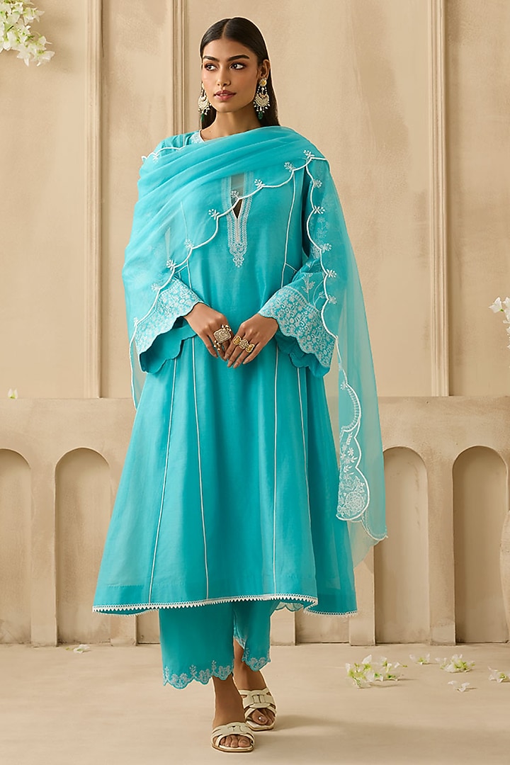 Firozi Silk Chanderi Floral & Thread Work A-Line Kurta Set by Sureena Chowdhri at Pernia's Pop Up Shop