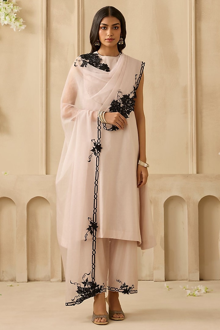 Nude Beige Silk Chanderi Pearl & Bead Embroidered Kurta Set by Sureena Chowdhri at Pernia's Pop Up Shop