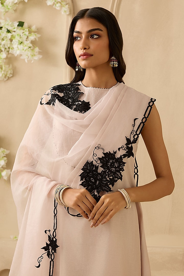 Nude Beige Silk Chanderi Pearl & Bead Embroidered Kurta Set by Sureena Chowdhri at Pernia's Pop Up Shop